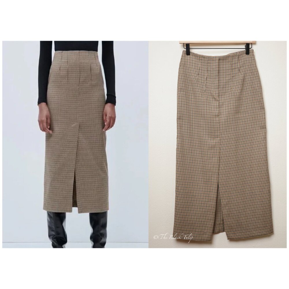 ZARA Houndstooth Plaid Midi Pencil Skirt S
